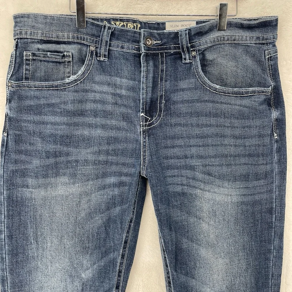 TK Axel Slim Bootcut Jeans Light Wash Distressed Blue Denim 38x32 Mens